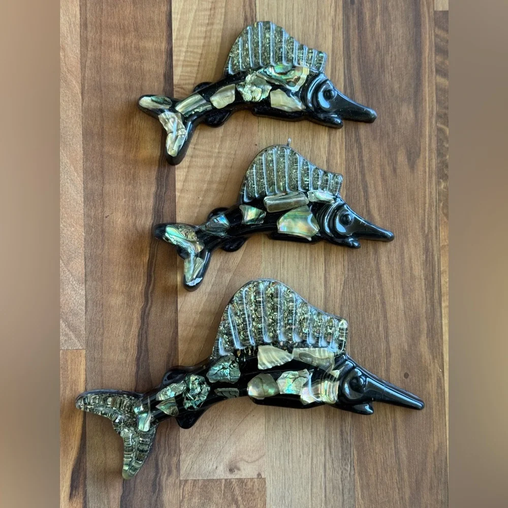 Vintage MCM Black Resin Abalone Inlay Marlin Wall Art - Set of 3